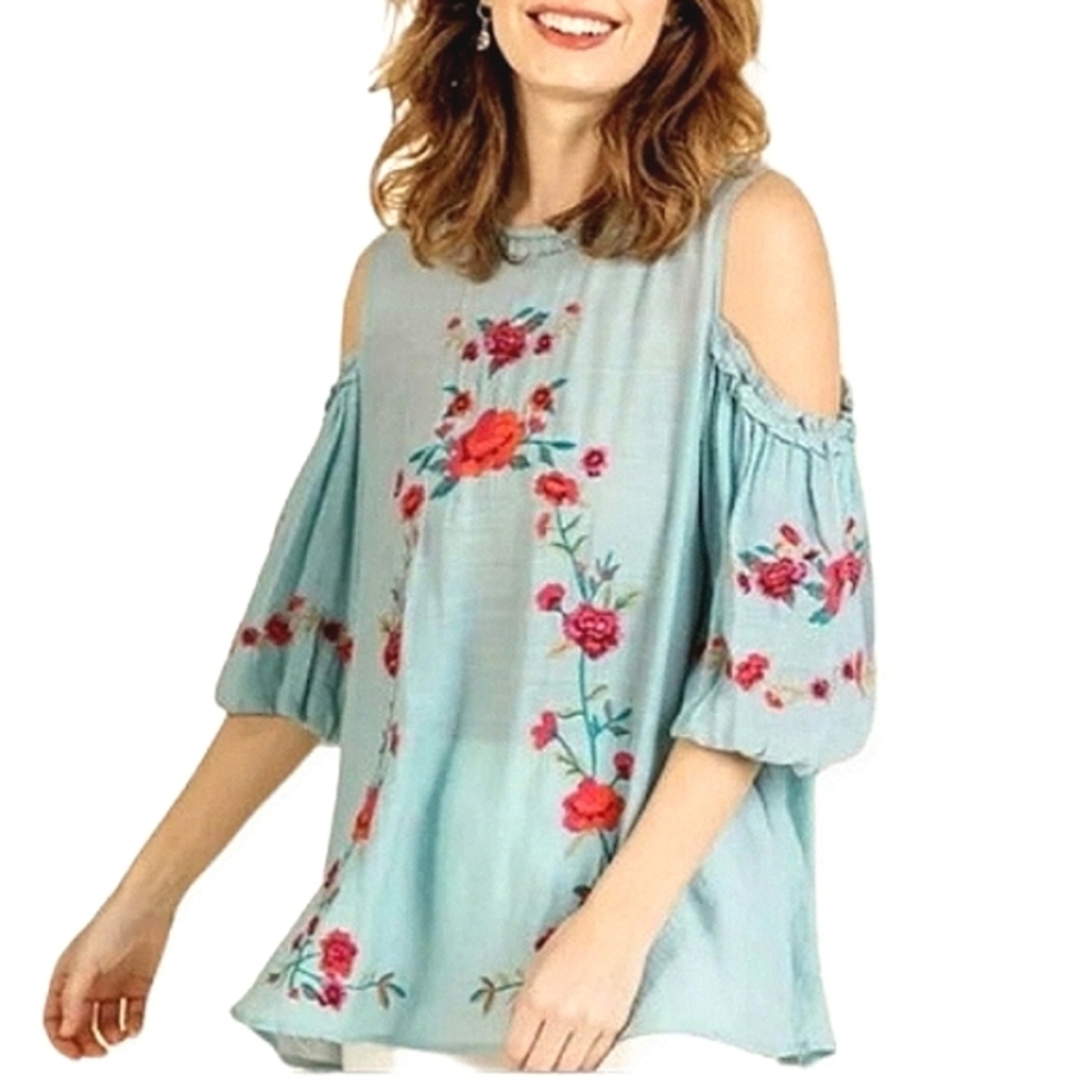 UMGEE Floral Rose Embroidered Cold Shoulder Short Puff Sleeve Top EUC - Picture 2 of 16